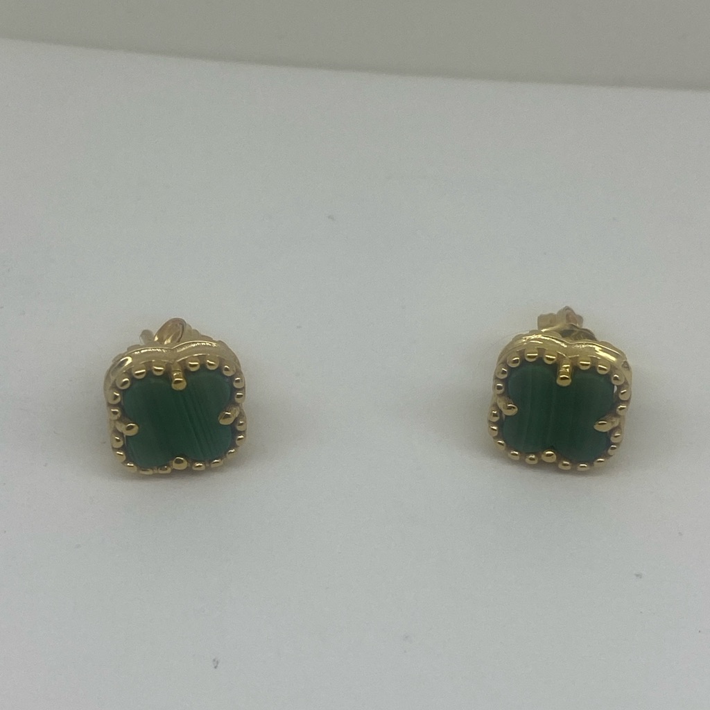 14k Yellow Gold Green Malachite Four Leaf Clover Stud Earrings